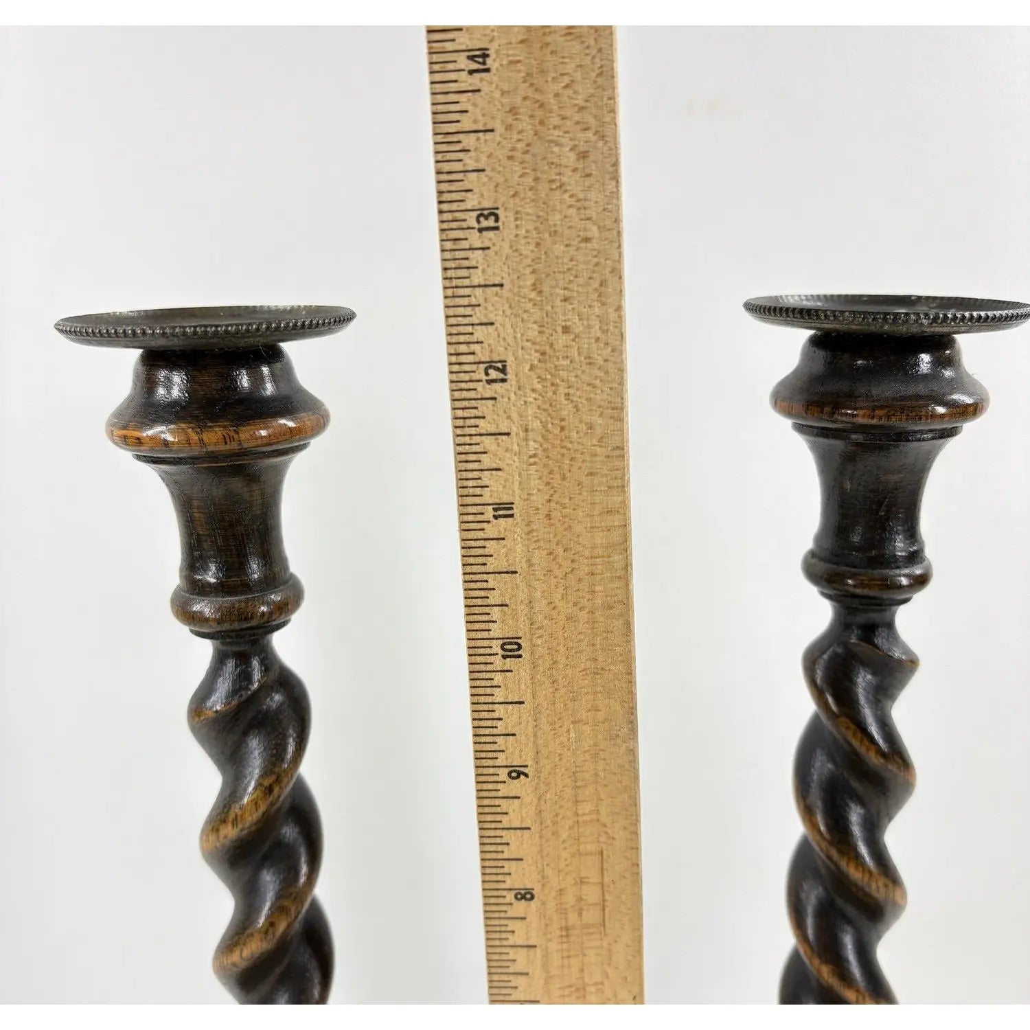 12.5” Antique English Oak Barley Twist Candlesticks With Brass Inserts - Pair