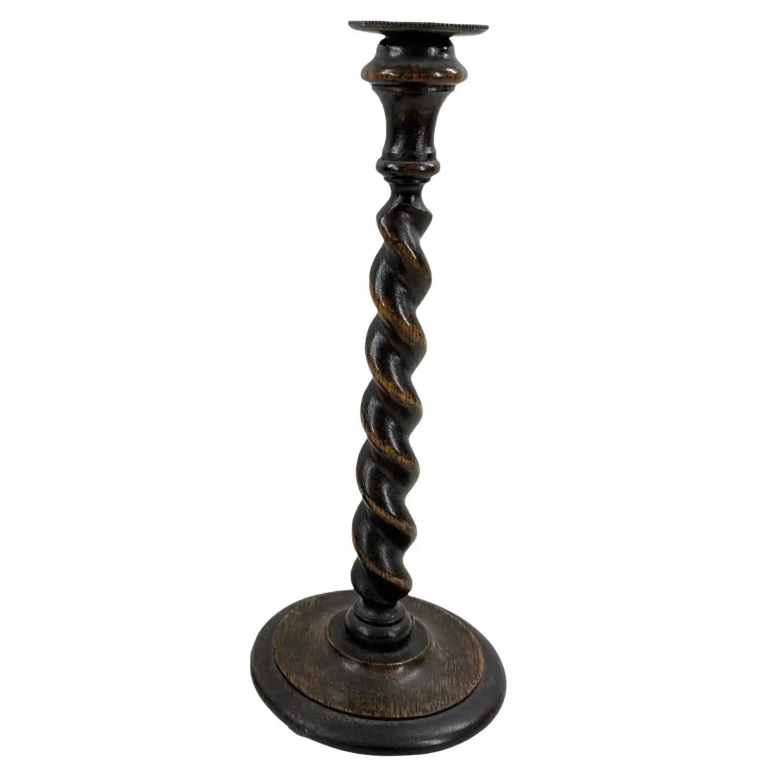 12.5” Antique English Oak Barley Twist Candlesticks With Brass Inserts - Pair