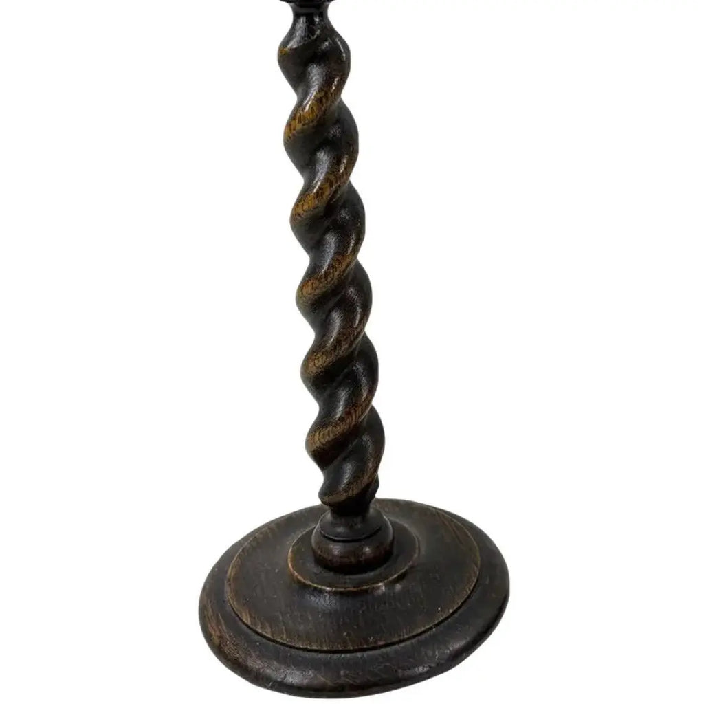 12.5” Antique English Oak Barley Twist Candlesticks With Brass Inserts - Pair