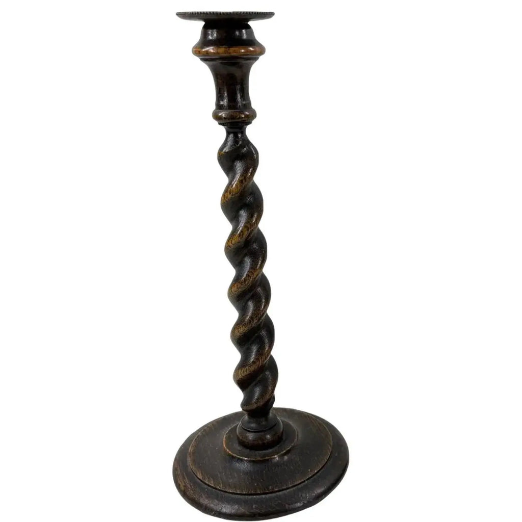 12.5” Antique English Oak Barley Twist Candlesticks With Brass Inserts - Pair