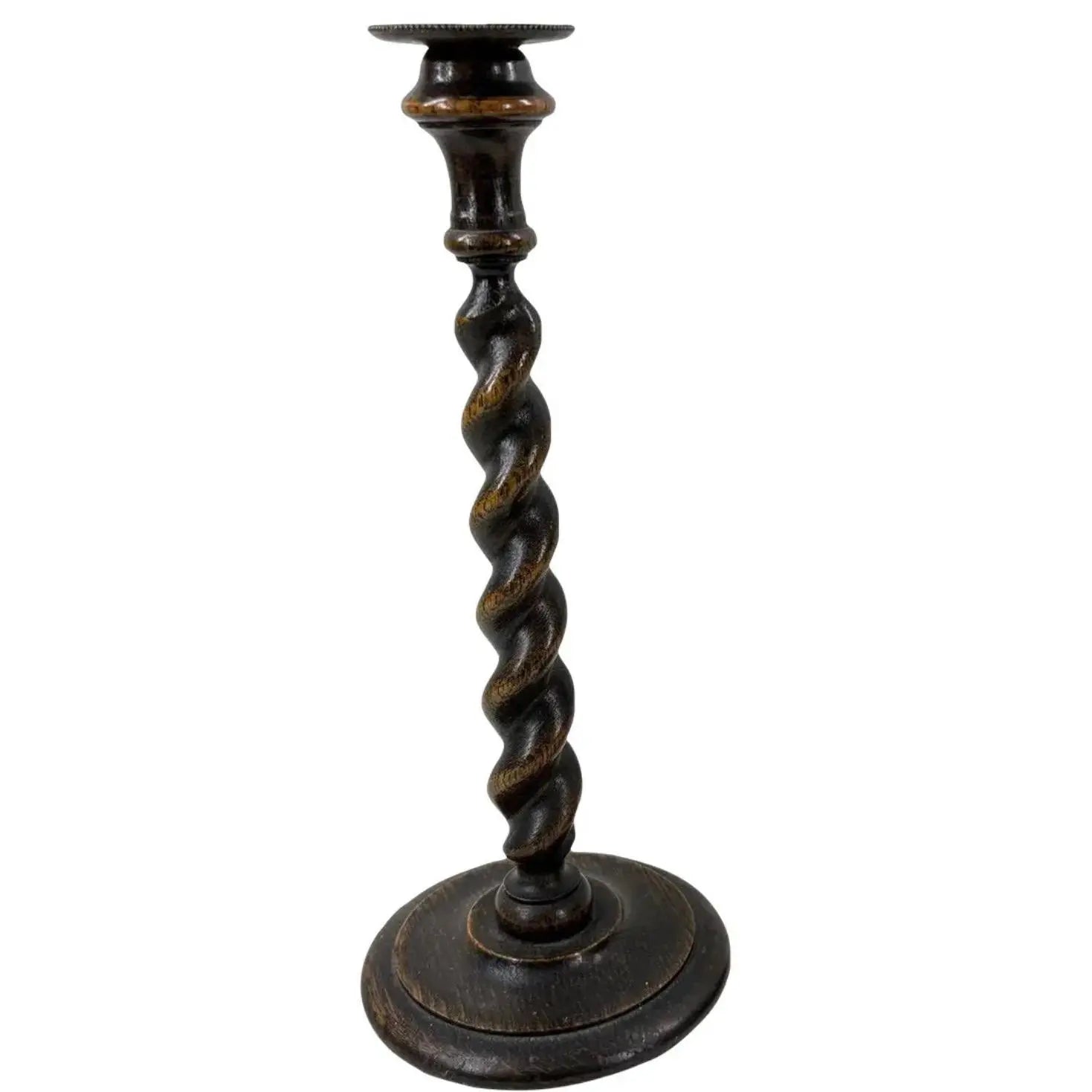 12.5” Antique English Oak Barley Twist Candlesticks With Brass Inserts - Pair