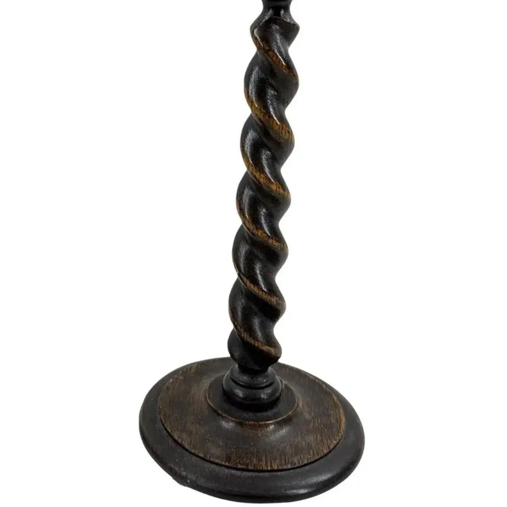 12.5” Antique English Oak Barley Twist Candlesticks With Brass Inserts - Pair