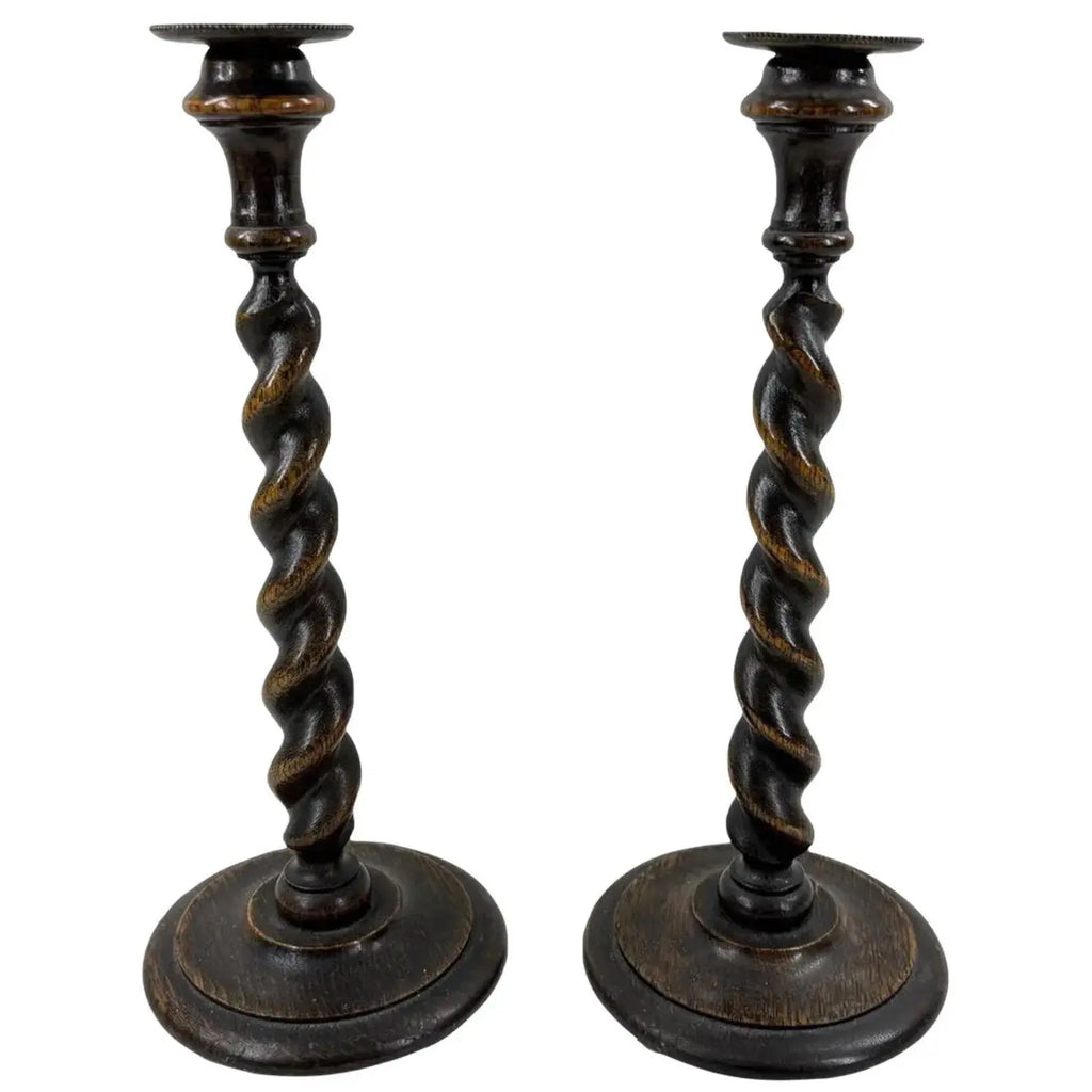 12.5” Antique English Oak Barley Twist Candlesticks With Brass Inserts - Pair