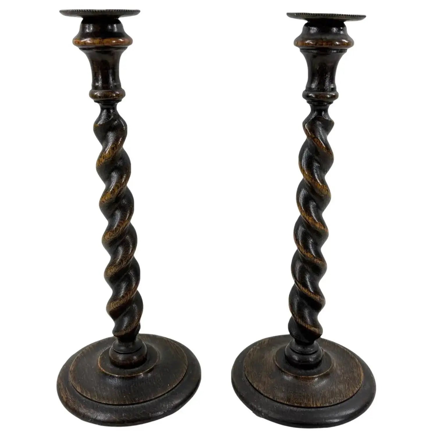 12.5” Antique English Oak Barley Twist Candlesticks With Brass Inserts - Pair