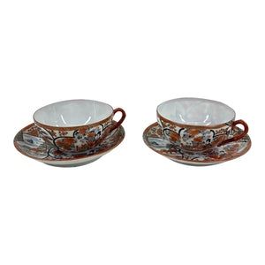 Pair of Antique Japanese Kutani Eggshell Porcelain Cups & Saucers