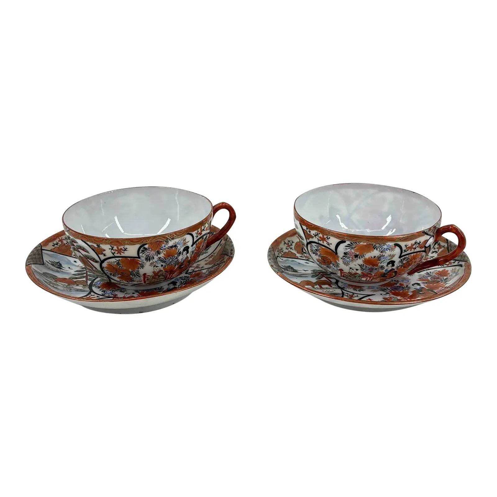 Pair of Antique Japanese Kutani Eggshell Porcelain Cups & Saucers