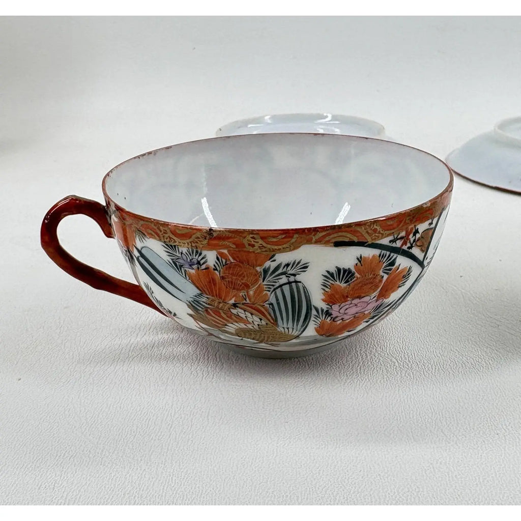 Pair of Antique Japanese Kutani Eggshell Porcelain Cups & Saucers