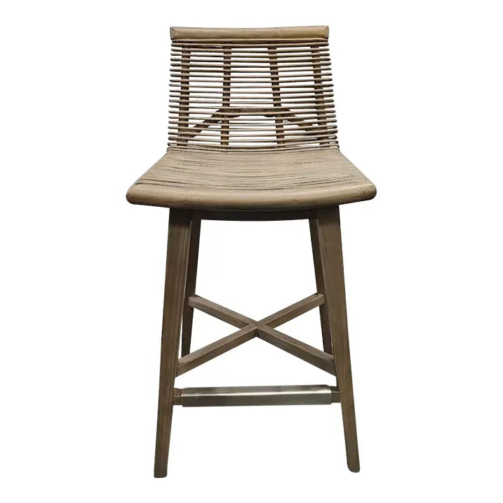 Interlude Home Sanibel Woven Rattan and Mahogany Counter Stool in Narragansett Grey