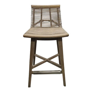 Interlude Home Sanibel Woven Rattan and Mahogany Counter Stool in Narragansett Grey