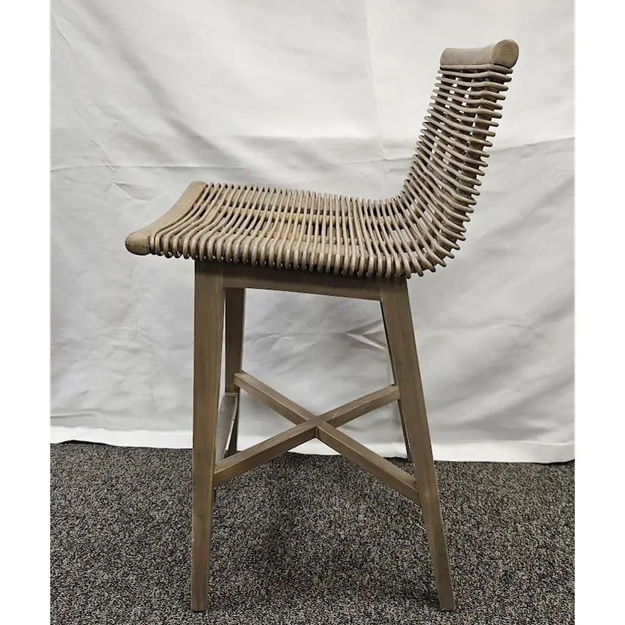 Interlude Home Sanibel Woven Rattan and Mahogany Counter Stool in Narragansett Grey