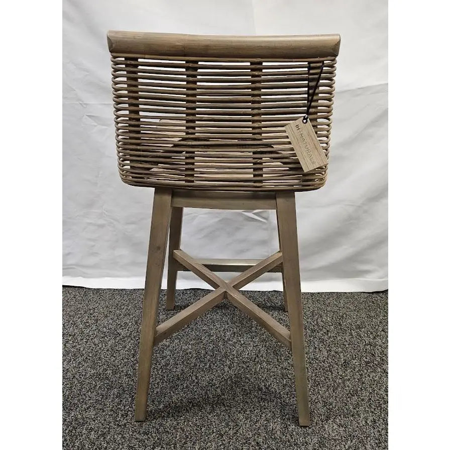 Interlude Home Sanibel Woven Rattan and Mahogany Counter Stool in Narragansett Grey