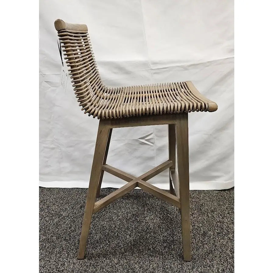 Interlude Home Sanibel Woven Rattan and Mahogany Counter Stool in Narragansett Grey