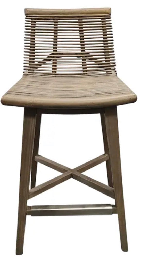 Interlude Home Sanibel Woven Rattan and Mahogany Counter Stool in Narragansett Grey
