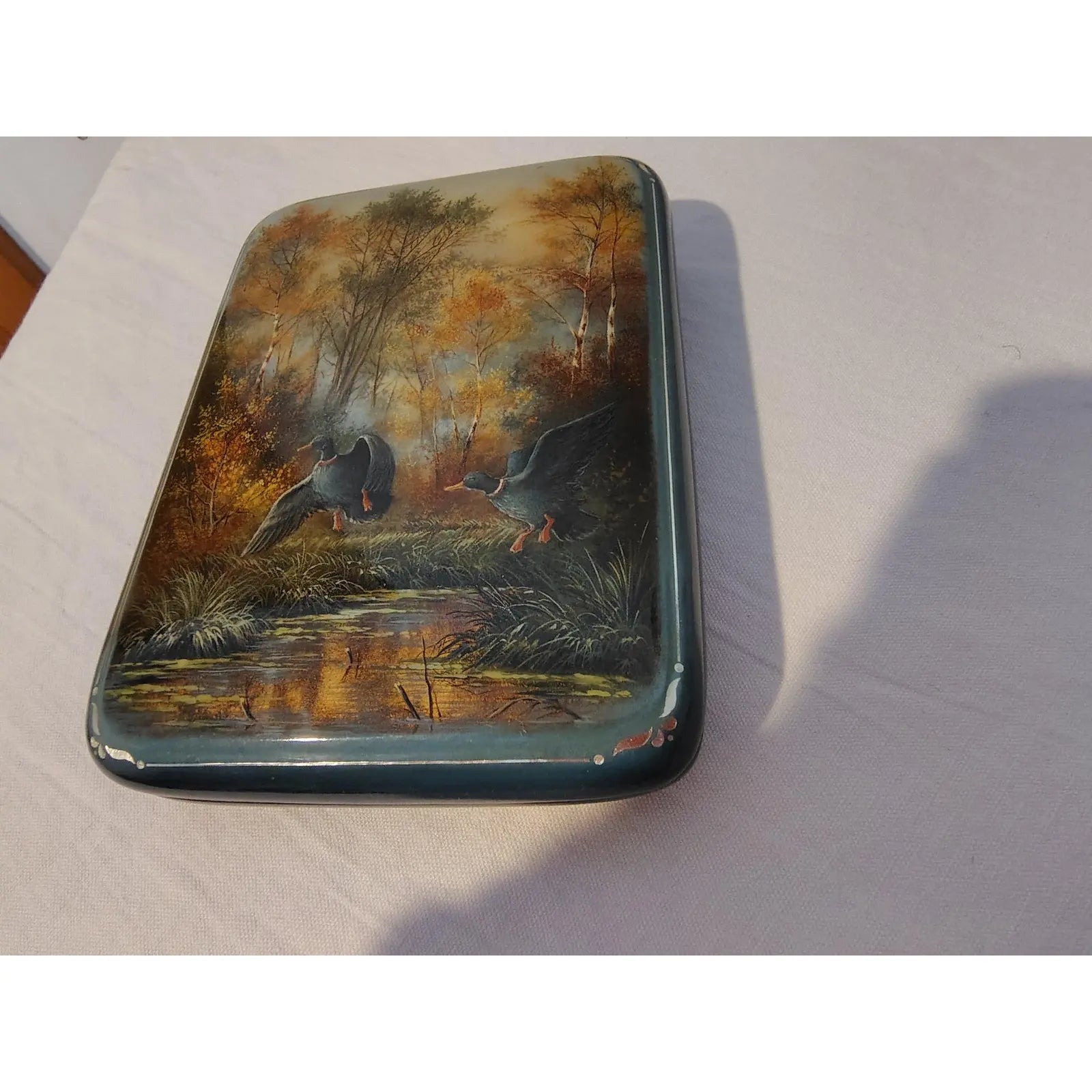 Large Signed "Fedoskino School" Lacquer Box – "In the Marsh" by M. Larina