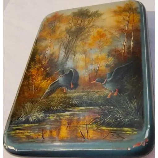 Large Signed "Fedoskino School" Lacquer Box – "In the Marsh" by M. Larina