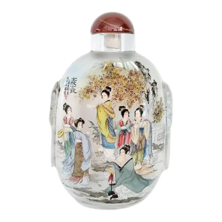 Large Vintage Chinese Inside-Painted Glass Snuff Bottle – "Twelve Golden Hairpins" by Wu Guochen