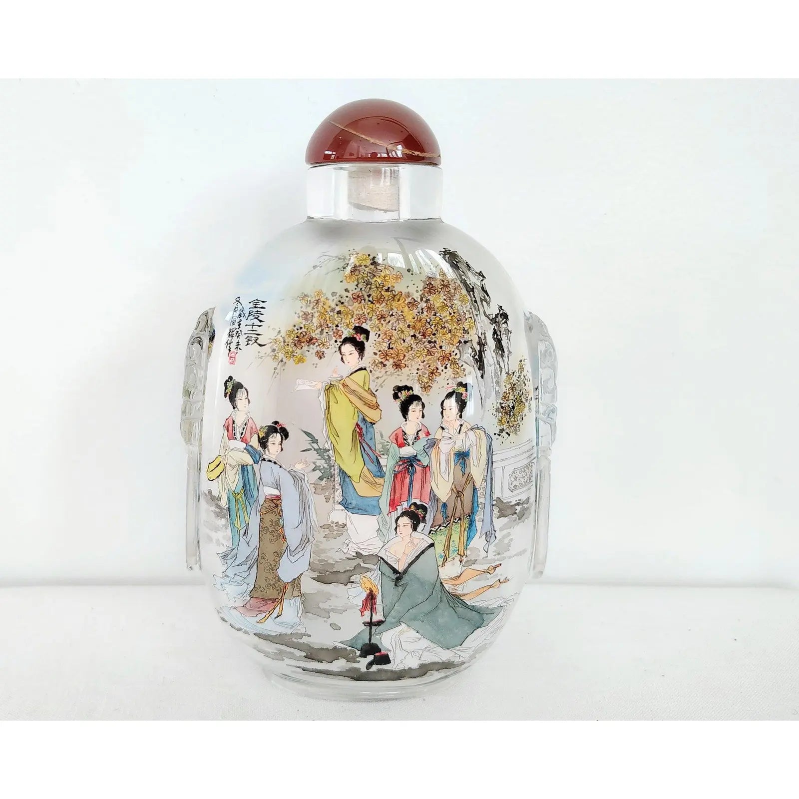 Large Vintage Chinese Inside-Painted Glass Snuff Bottle – "Twelve Golden Hairpins" by Wu Guochen