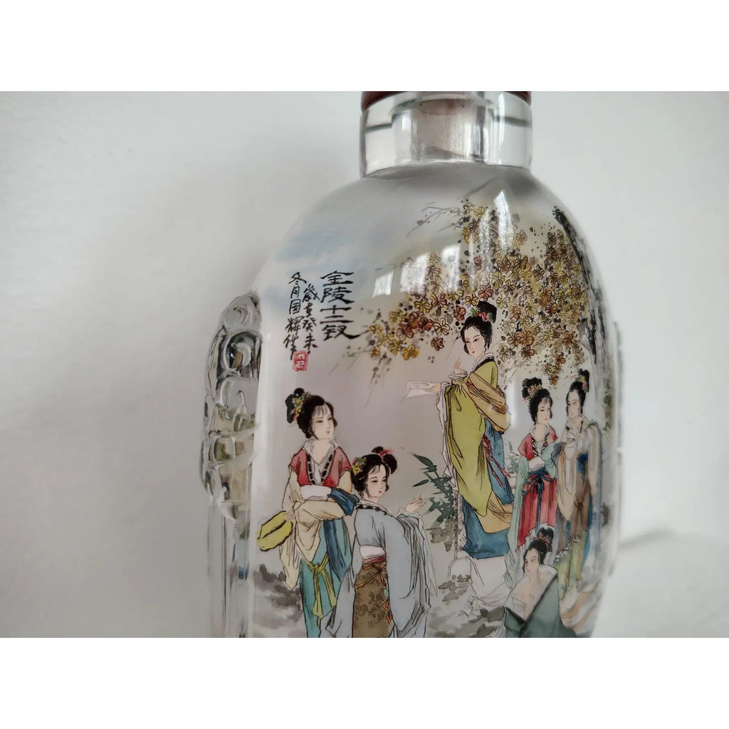 Large Vintage Chinese Inside-Painted Glass Snuff Bottle – "Twelve Golden Hairpins" by Wu Guochen