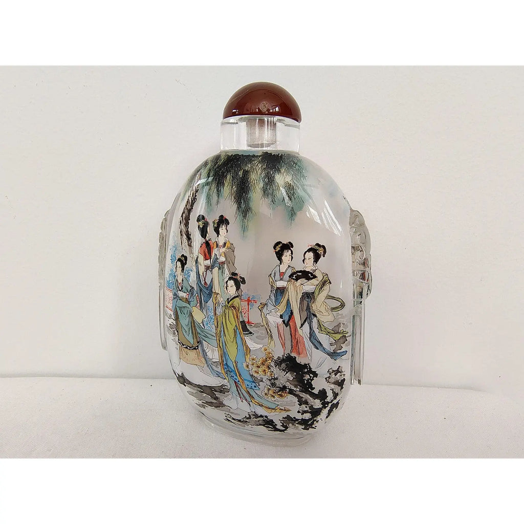 Large Vintage Chinese Inside-Painted Glass Snuff Bottle – "Twelve Golden Hairpins" by Wu Guochen