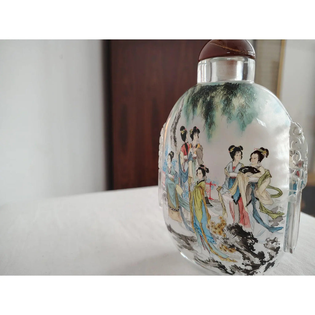 Large Vintage Chinese Inside-Painted Glass Snuff Bottle – "Twelve Golden Hairpins" by Wu Guochen