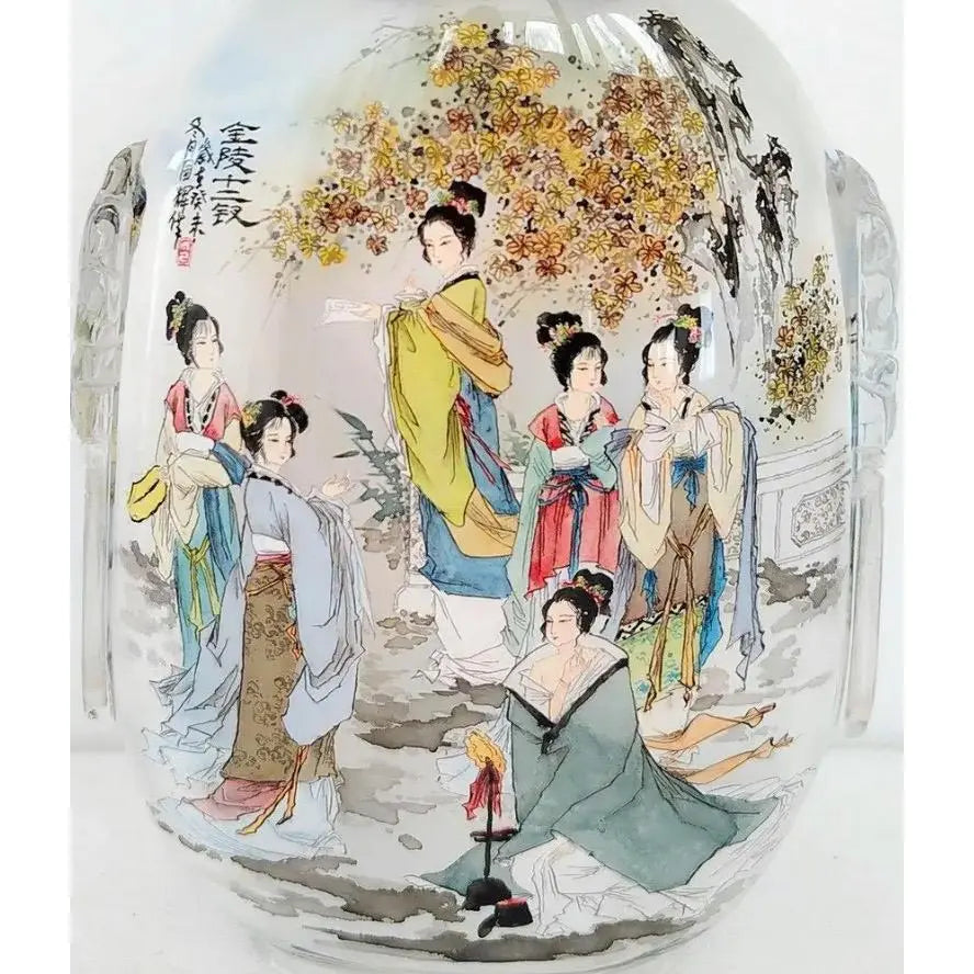 Large Vintage Chinese Inside-Painted Glass Snuff Bottle – "Twelve Golden Hairpins" by Wu Guochen