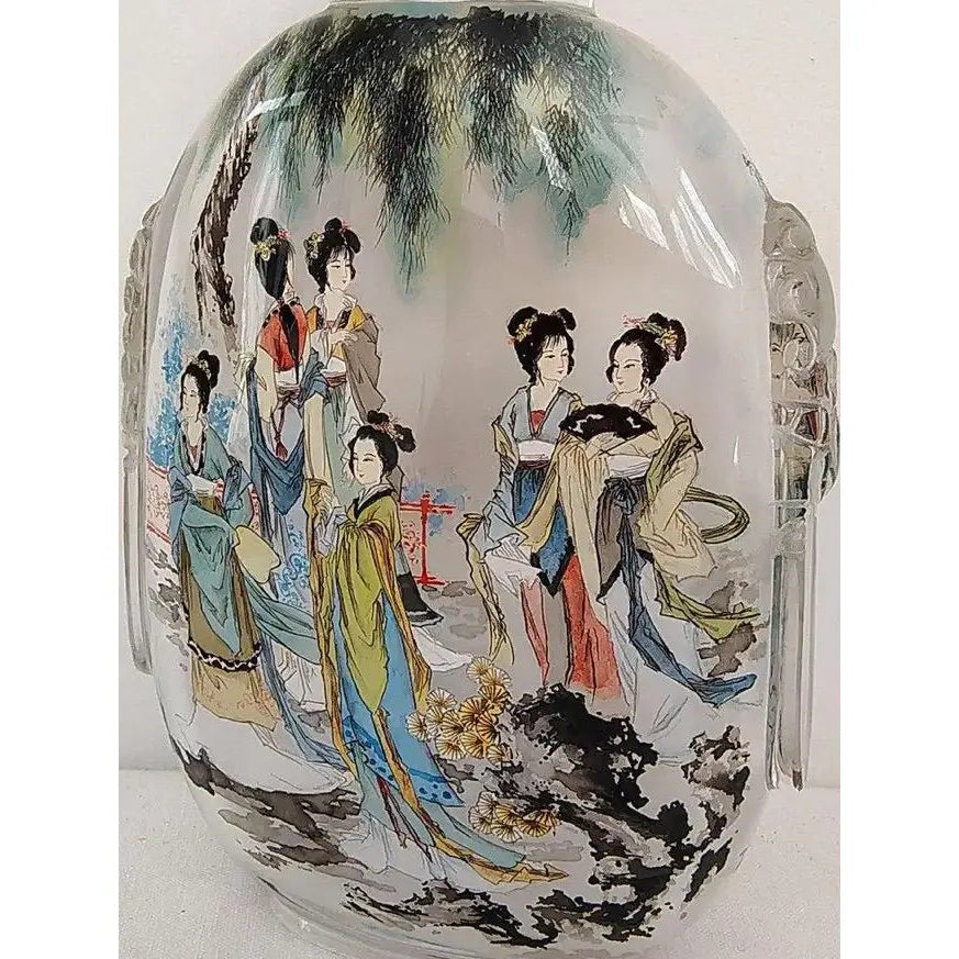 Large Vintage Chinese Inside-Painted Glass Snuff Bottle – "Twelve Golden Hairpins" by Wu Guochen