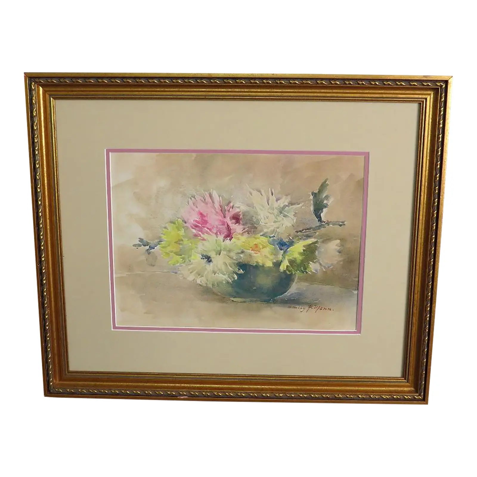 Antique Emily F. Mann Floral Still-Life Watercolor Triple Matted Gilt Framed