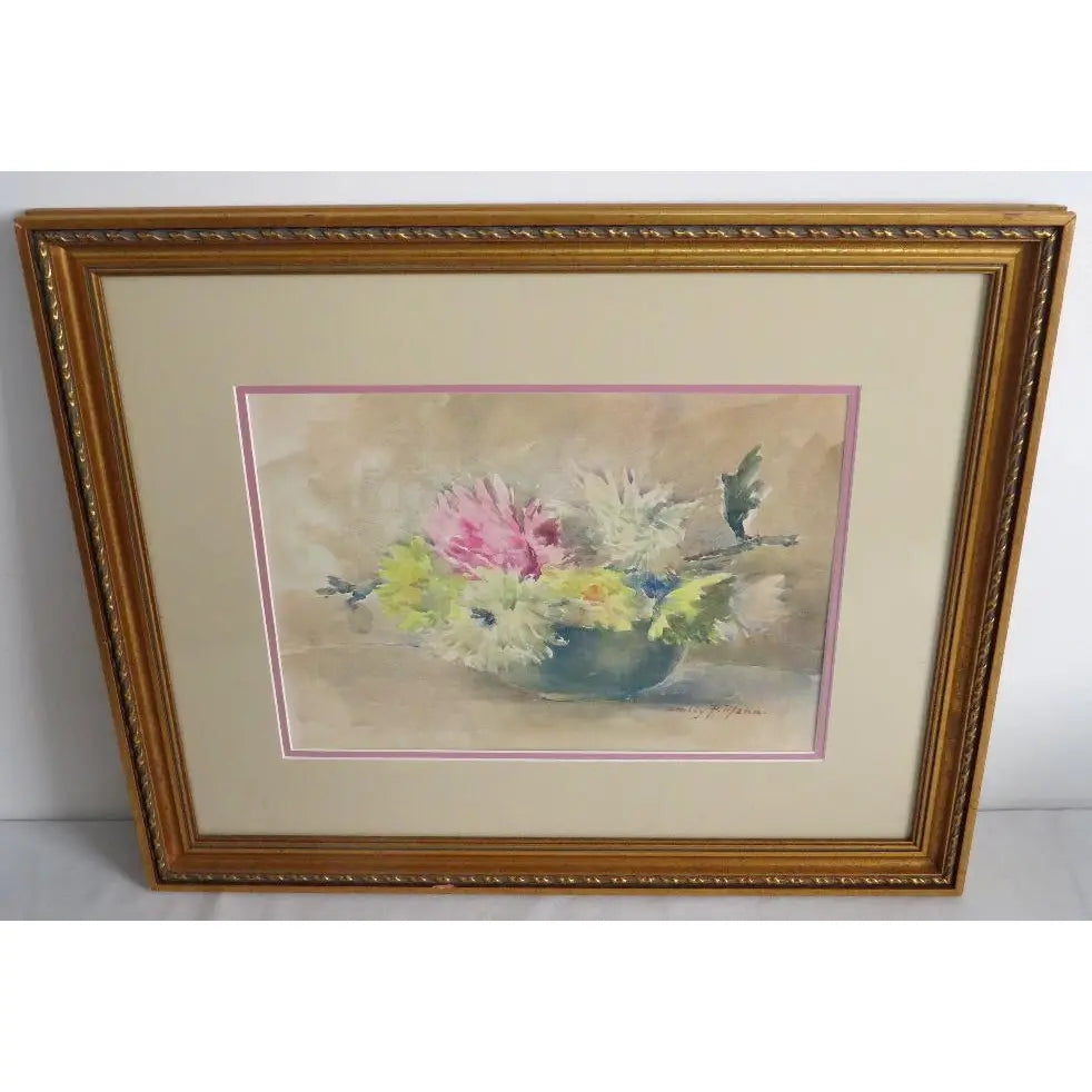 Antique Emily F. Mann Floral Still-Life Watercolor Triple Matted Gilt Framed