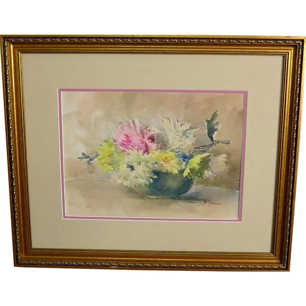 Antique Emily F. Mann Floral Still-Life Watercolor Triple Matted Gilt Framed