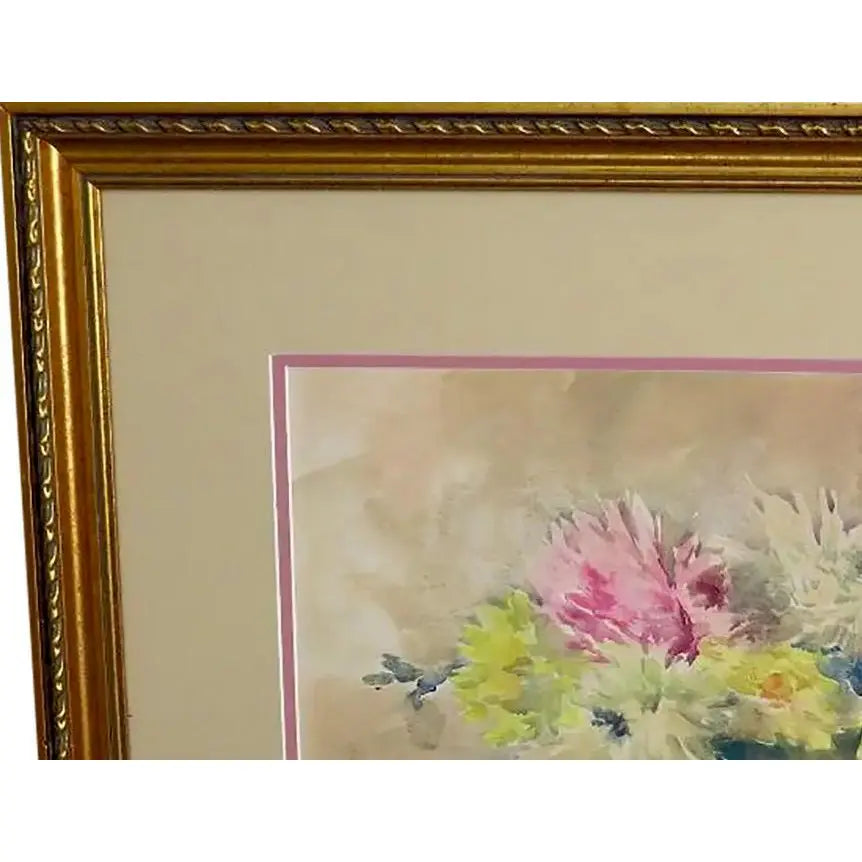 Antique Emily F. Mann Floral Still-Life Watercolor Triple Matted Gilt Framed
