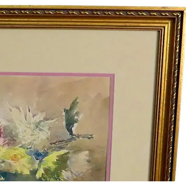 Antique Emily F. Mann Floral Still-Life Watercolor Triple Matted Gilt Framed