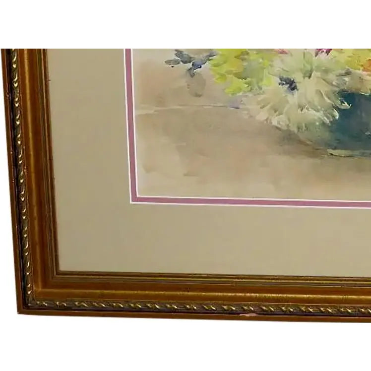 Antique Emily F. Mann Floral Still-Life Watercolor Triple Matted Gilt Framed
