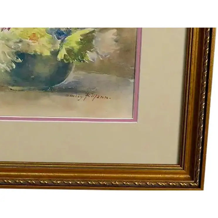 Antique Emily F. Mann Floral Still-Life Watercolor Triple Matted Gilt Framed