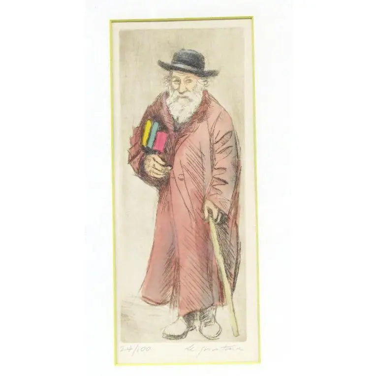 Mid-Century Modern Scholar Hand-Colored Signed Etching By Quintana Limited Edition 24/100