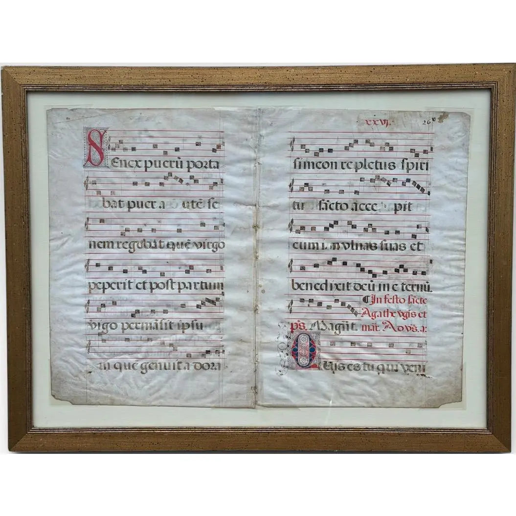 Pair Of Monumental 16th Century Illuminated Manuscript Choir Book Pages On Vellum