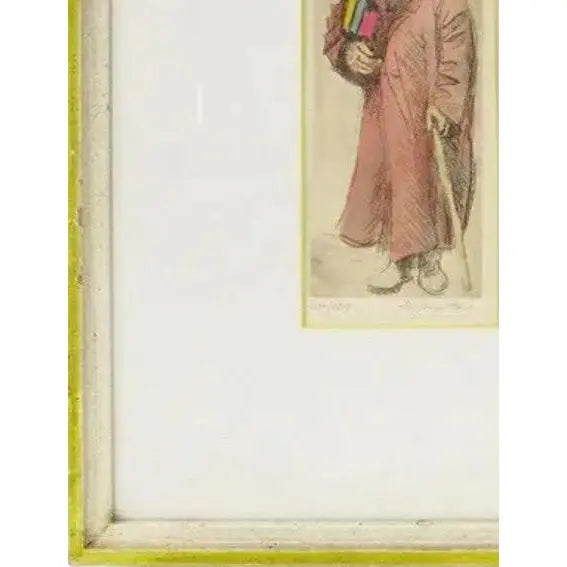 Mid-Century Modern Scholar Hand-Colored Signed Etching By Quintana Limited Edition 24/100