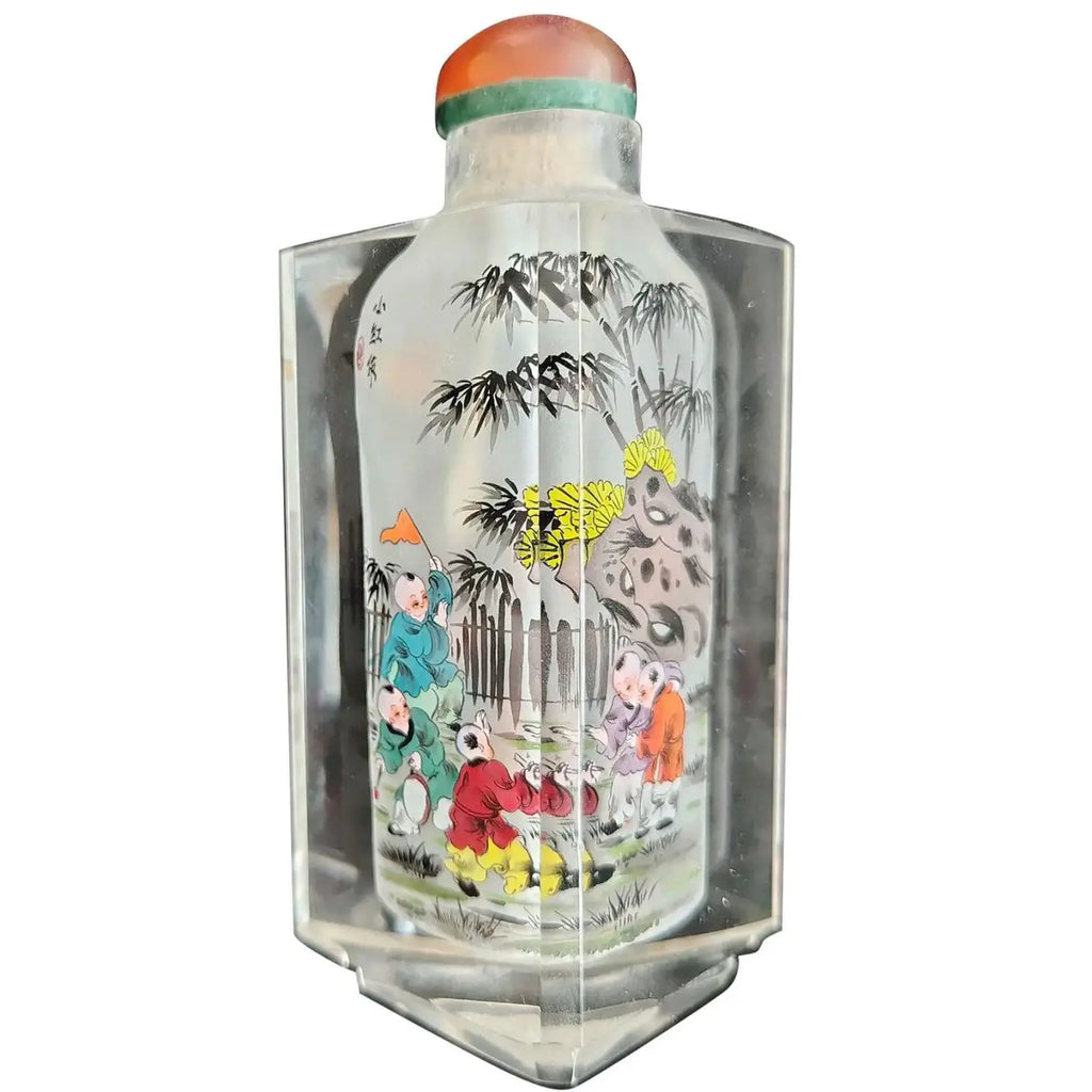 Vintage Signed Chinese Inside-Painted Glass Snuff Bottle – Rare Triangular Form