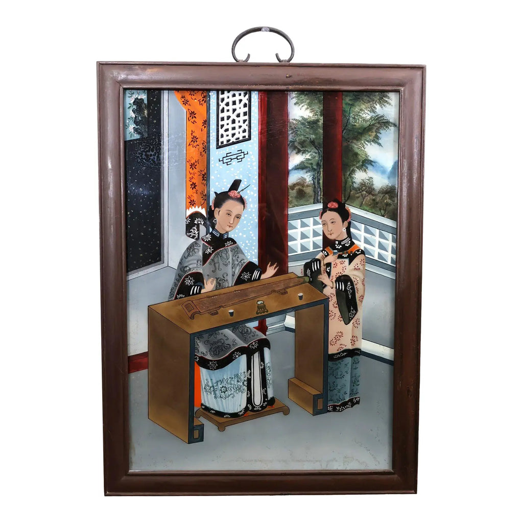 Antique Chinese Qing Dynasty Reverse Glass Painting Scholars Garden Scene