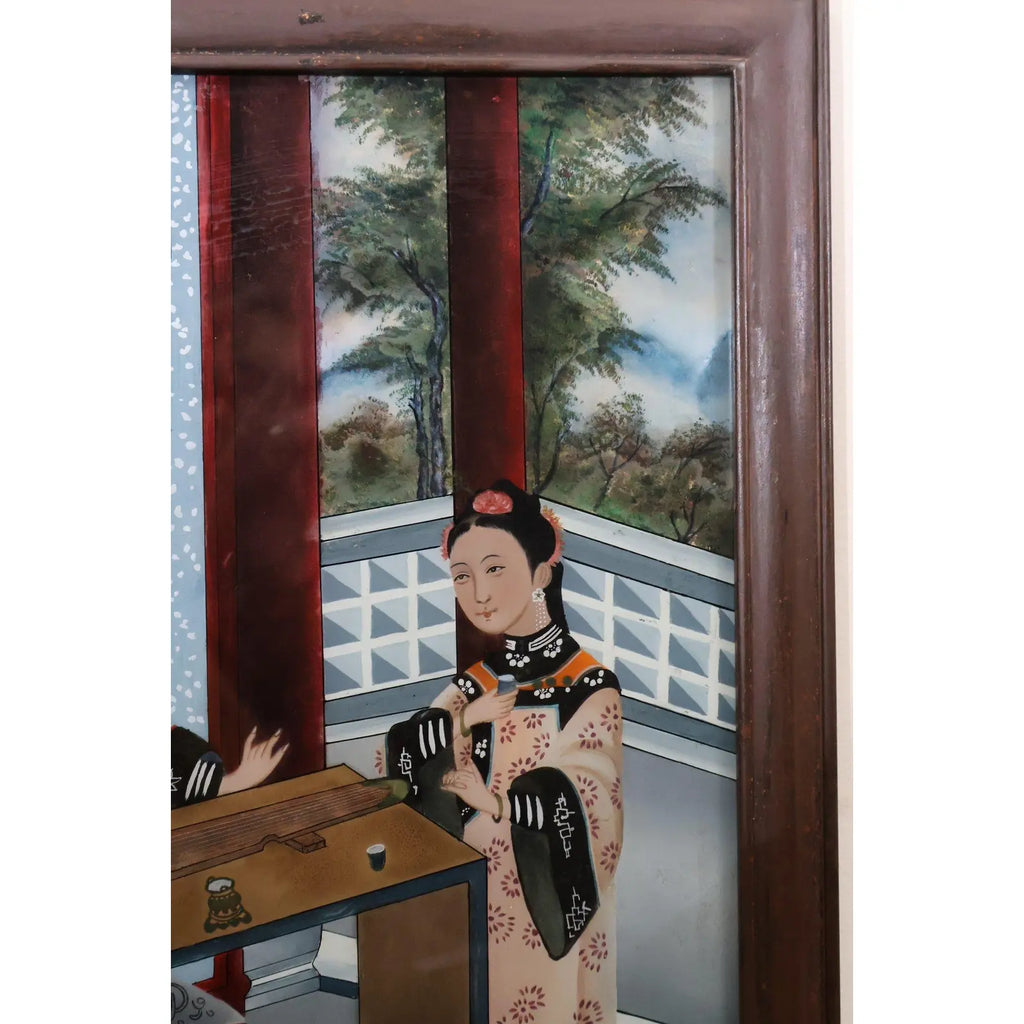 Antique Chinese Qing Dynasty Reverse Glass Painting Scholars Garden Scene