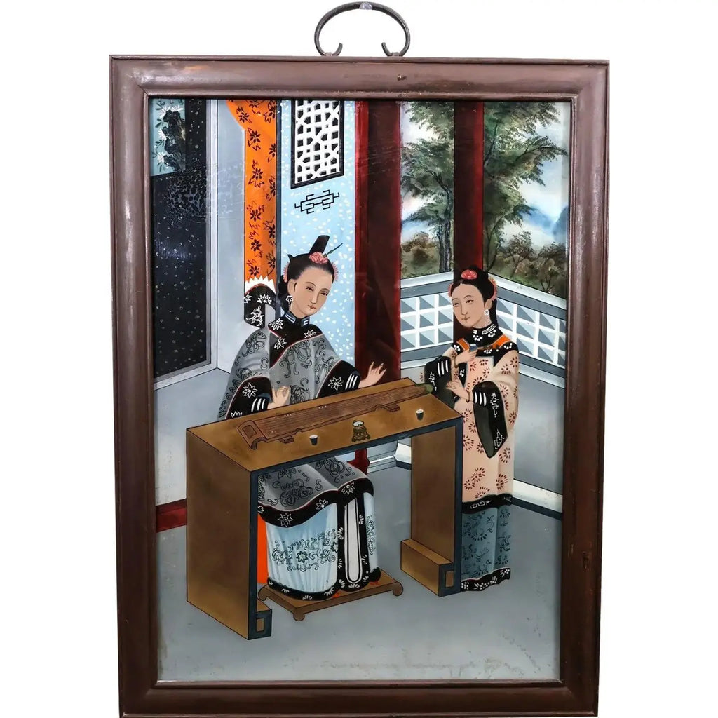Antique Chinese Qing Dynasty Reverse Glass Painting Scholars Garden Scene