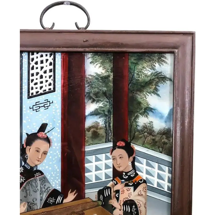 Antique Chinese Qing Dynasty Reverse Glass Painting Scholars Garden Scene