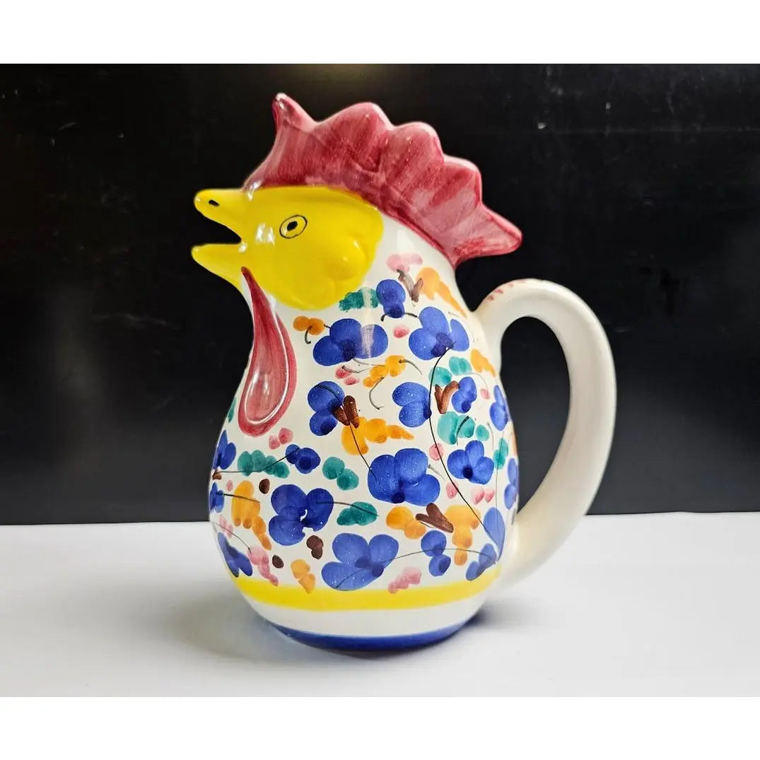 Mid-Century 10” Italian Deruta Hand-Painted Maiolica “Rooster of Fortune” Pitcher
