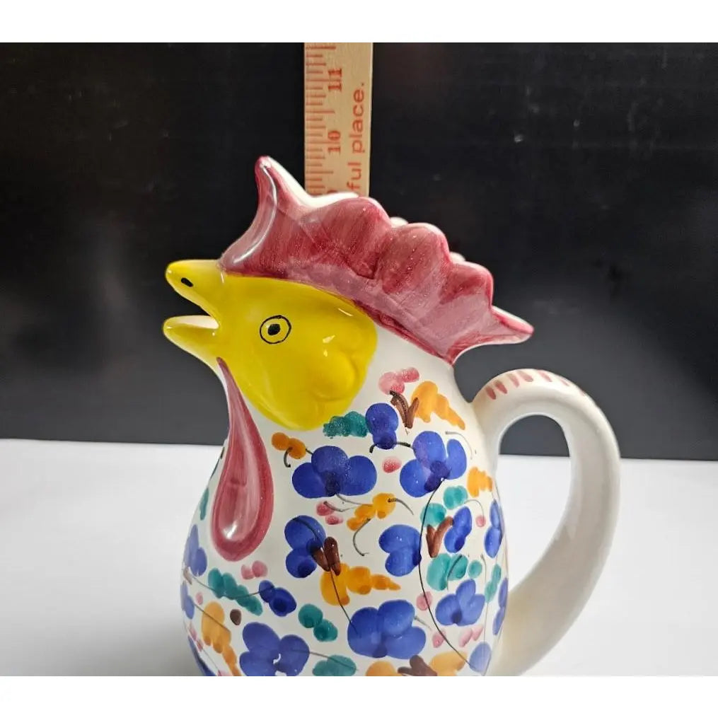 Mid-Century 10” Italian Deruta Hand-Painted Maiolica “Rooster of Fortune” Pitcher