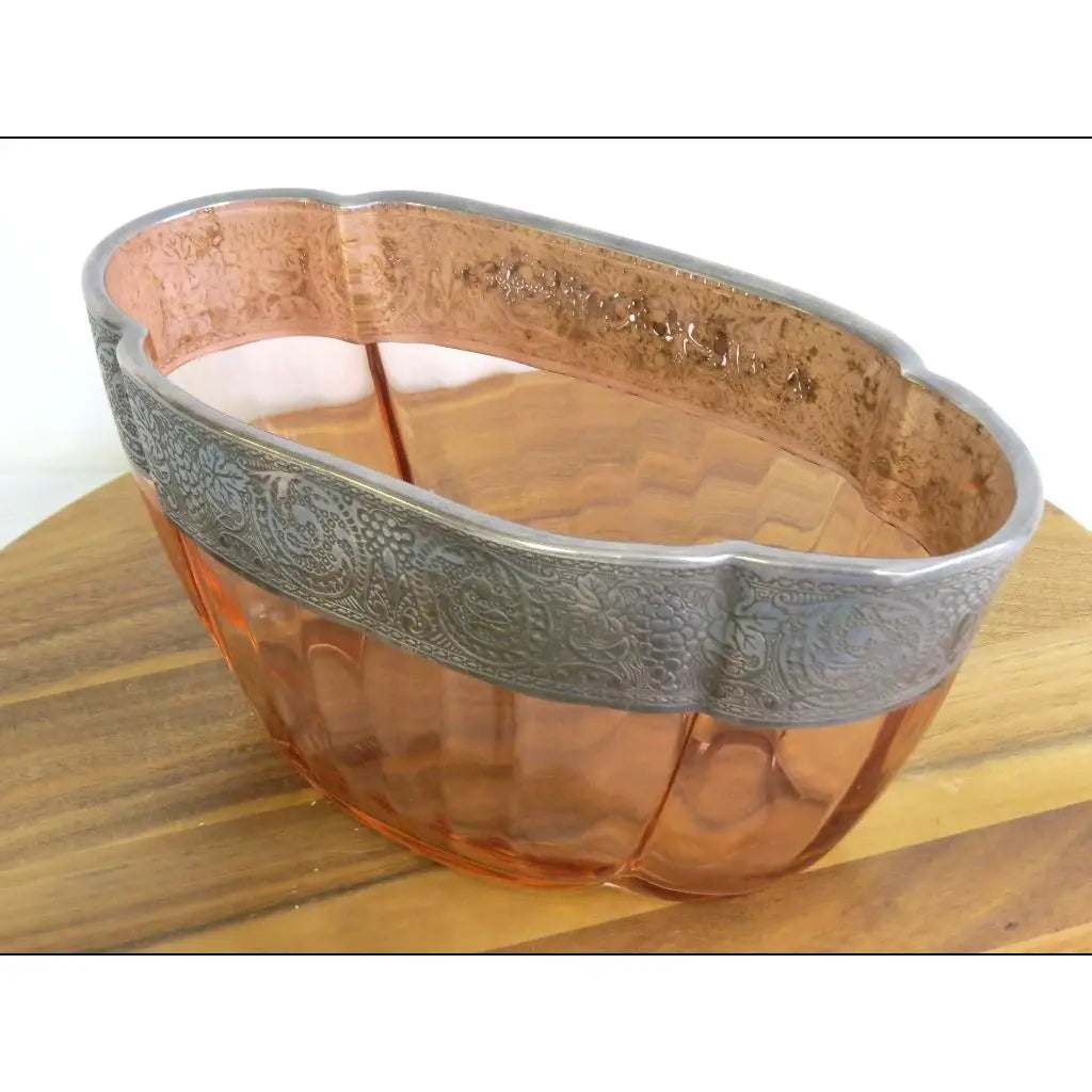 Art Deco Pink Depression Glass Centerpiece with Sterling Silver Overlay