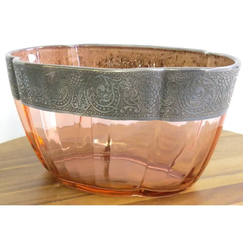 Art Deco Pink Depression Glass Centerpiece with Sterling Silver Overlay