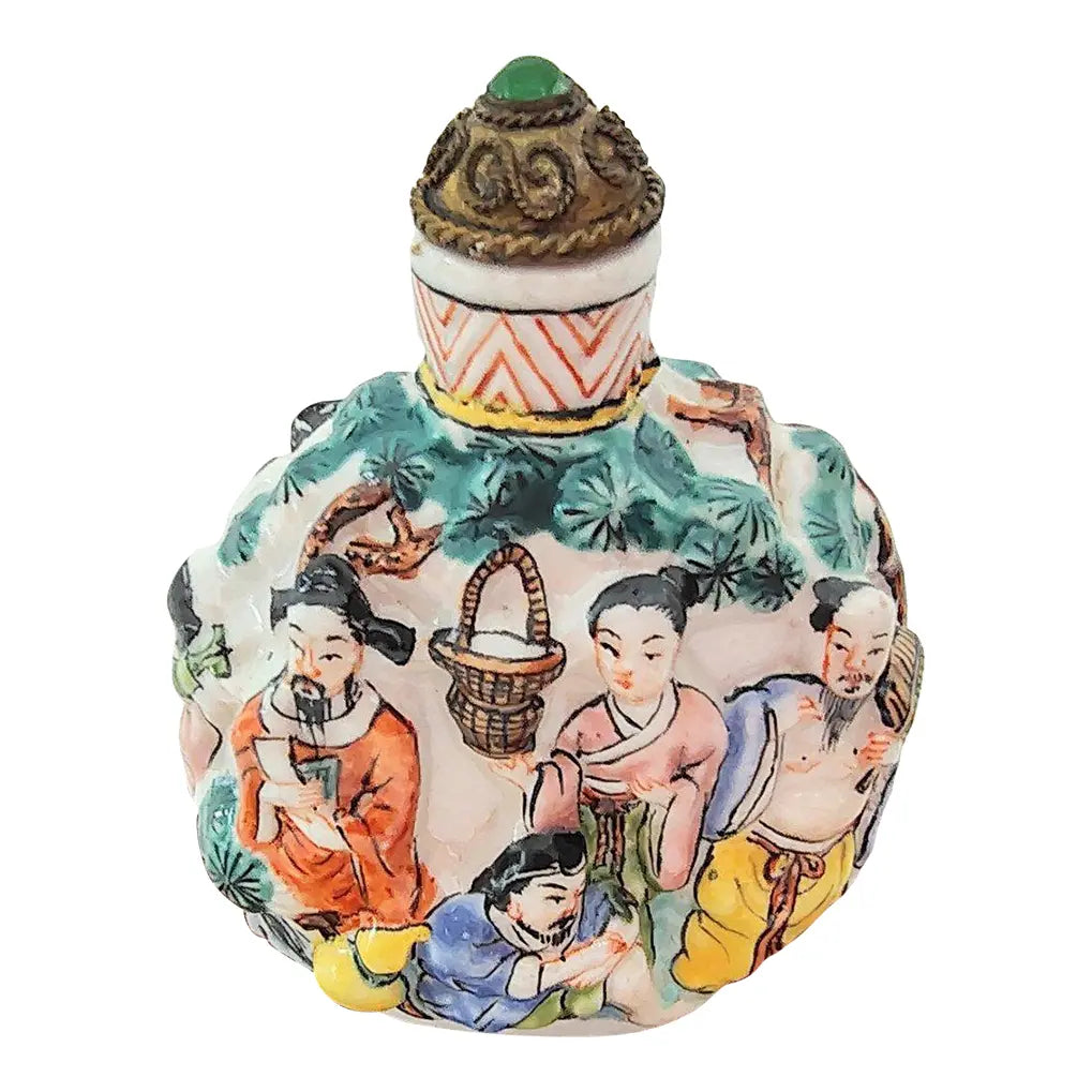 Antique 19th Century Chinese Famille Rose Molded Porcelain Snuff Bottle with Qianlong Mark
