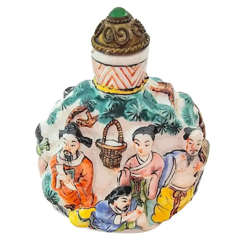 Antique 19th Century Chinese Famille Rose Molded Porcelain Snuff Bottle with Qianlong Mark