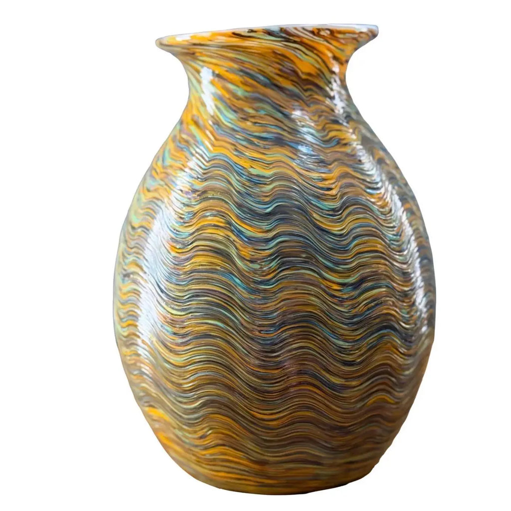 Large Hand-Blown Iridescent Studio Art Glass Vase - Pulled Feather Design