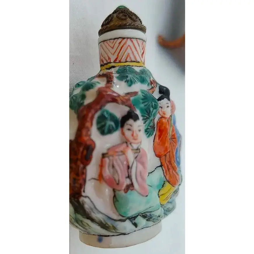 Antique 19th Century Chinese Famille Rose Molded Porcelain Snuff Bottle with Qianlong Mark
