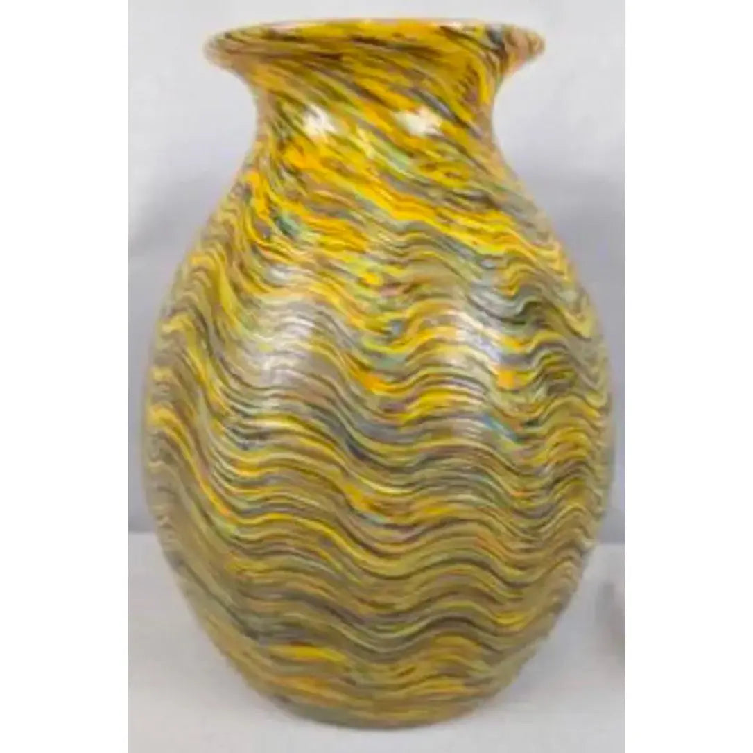 Large Hand-Blown Iridescent Studio Art Glass Vase - Pulled Feather Design